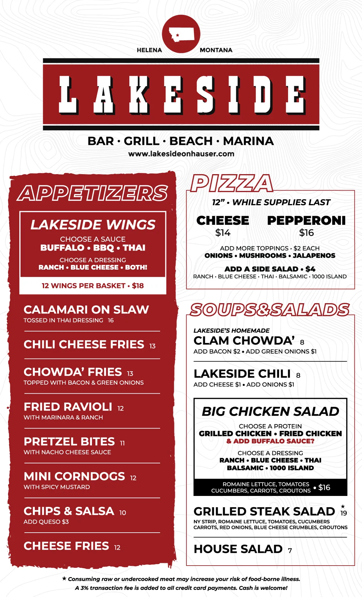 Lakeside restaurant menu